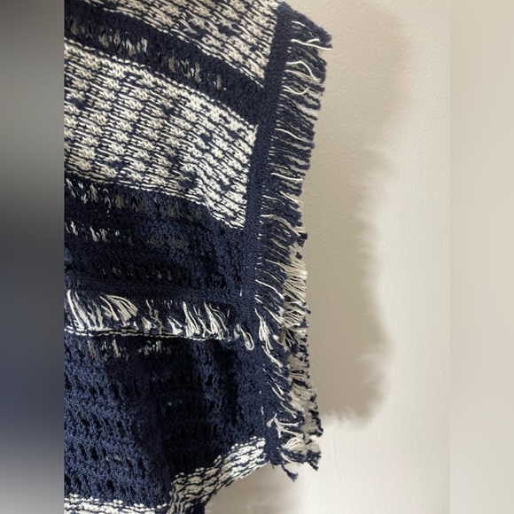 Style & Co Top Large Blue White Open Knit Kimono Topper Fringe Boho - Picture 5 of 9